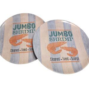 Beach Shrimp Plates Set of 2 Round Melamine Decor Dinner  10'' Beach Coastal